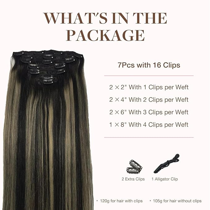 GOO GOO Clip in Hair Extensions Real Human Hair, Remy Human Hair Extensions Clip ins for Women, Natural Human Hair, 14inch 120g 7Pcs, 1B/16/1B Balayage Natural Black to Light Blonde