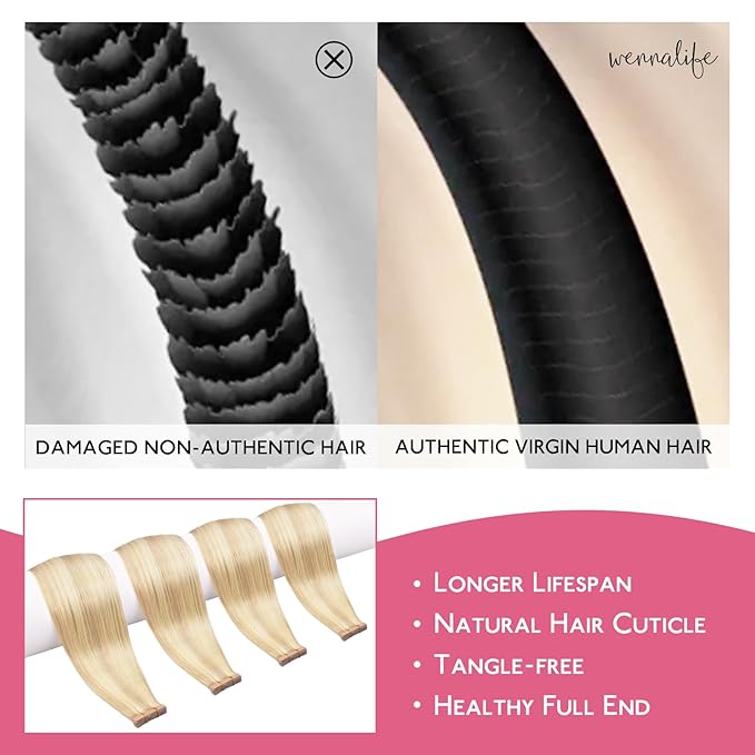WENNALIFE Tape in Hair Extensions Human Hair Balayage Light Wheat Platinum Blonde Tape in Extensions, 10pcs 25g 14 inch Remy Invisible Tape Ins Straight Colored Soft Real Human Hair Tape in Extensions