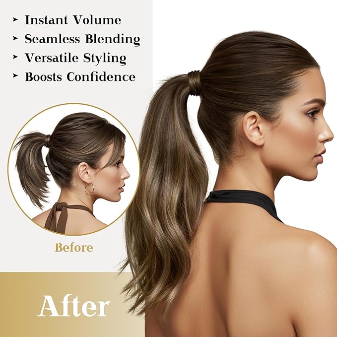 Ve Sunny Hair Extensions Ponytail Real Human Hair Wrap Around Clip in Ponytail Hair Extensions Straight Extensions Human Hair for Women Medium Brown Balayage Ombre Caramel Blonde 22inch 80G