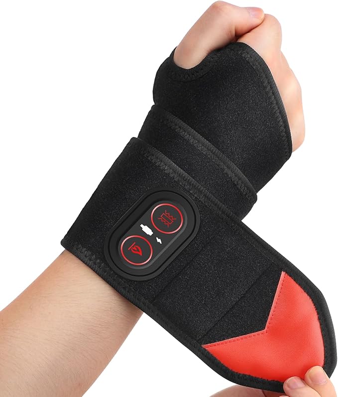 Cordless Wrist Hand Heating Pad Massage for Pain Relief, Rechargeable Heated Wrist Brace for Carpal Tunnel, Red Light Therapy Heated Wrist Massager Wrap for Arthritis, Black