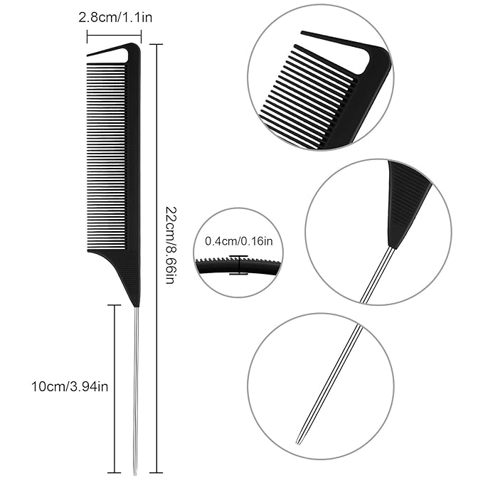 Patelai 30 Pieces Rat Tail Combs Bulk, Hair Teasing Fine Tooth Pintail Combs Braiding Hair Styling Tools with Steel Pin for Stylists Salon Teasing Sectioning Coloring Detangling(Black, Silver)