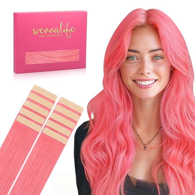 WENNALIFE Tape in Hair Extensions Human Hair Light Pink Tape in Extensions, 10pcs 30g 26 inch Remy Invisible Tape Ins Straight Colored Soft Real Human Hair Tape in Extensions Refill Set Extensions