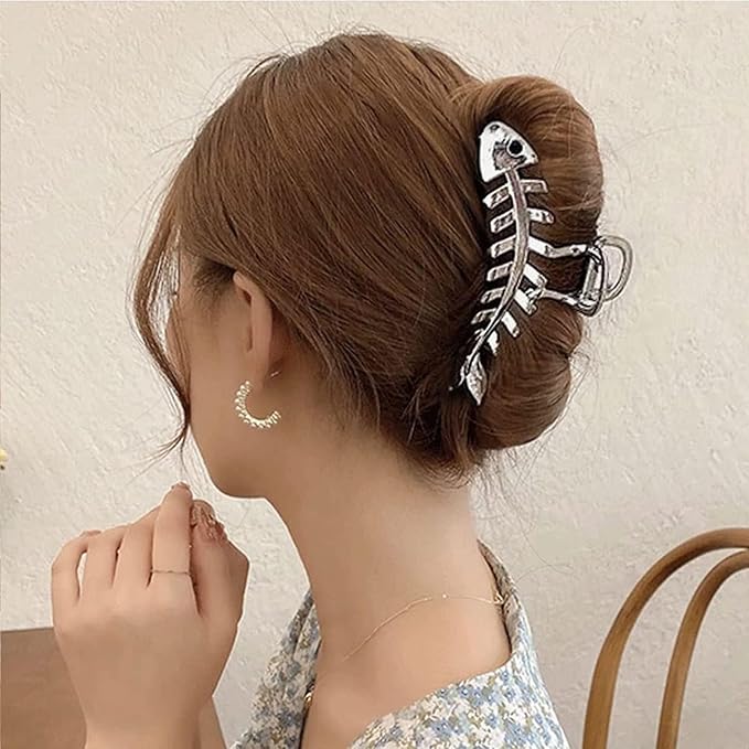 Fishbone Hair Clips Claw Non-Slip Fish Shaped Hair Claw Clips for Women and Girls - Big Metal Fishbone Hair Jaw Clamps for Secure Hair Styling and Accessories (Silver Fishbone)
