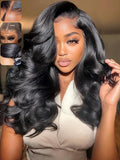 KLAIYI Pre Everything Glueless Layer Side Part Loose Body Wave 13x4 Lace Front Wigs Human Hair Drawstring Curtain Bangs Face framing Pre Bleached Knots Pre Plucked 3S Ready to Put On and Go Wig 26Inch