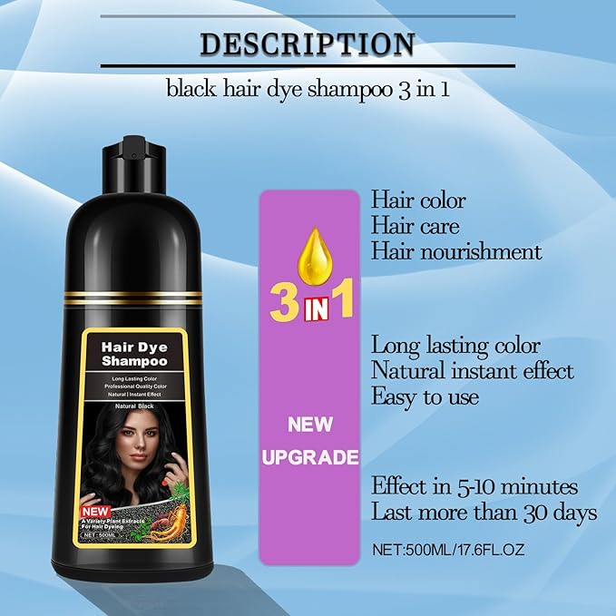 Black Hair Dye Shampoo Instant 3 in 1 for Gray Hair Coverage - Herbal Formula, Semi-Permanent Hair Color in 10 Minutes, Lasts 30 Days, 100% Grey Coverage Shampoo for Men & Women, 500ml (16.9 Fl Oz)