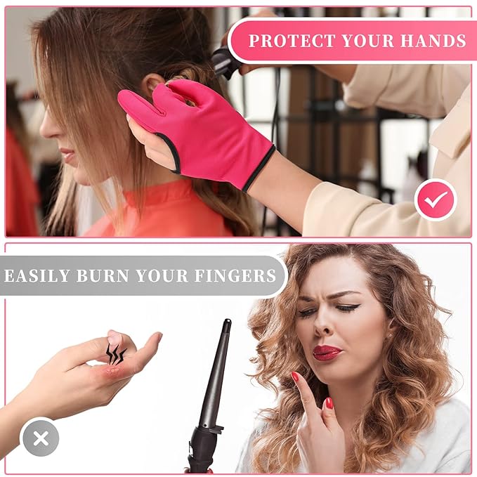Geyoga 2 Pcs Heat Resistant Gloves for Hair Styling 3 Finger Barber Gloves Reusable Curling Wand Heat Protector for Hair Dye(Rose Red)