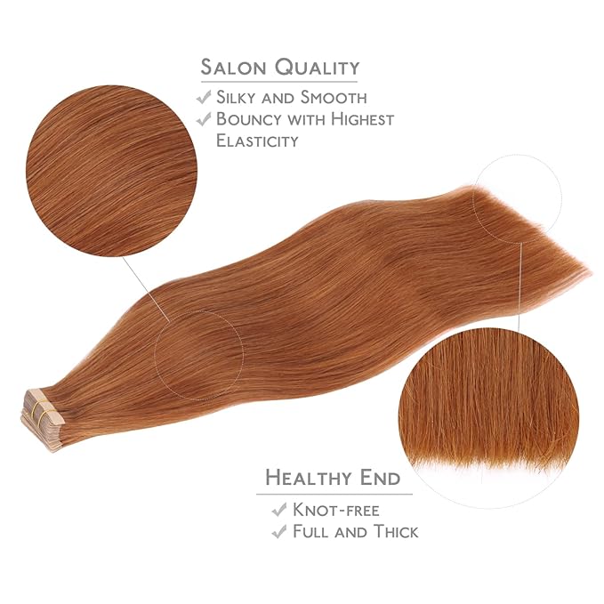 WENNALIFE Tape in Hair Extensions Human Hair, 20pcs 50g 22 inch Dirty Ginger Remy Hair Extensions Straight Human Hair Tape in Extensions Skin Weft Tape Extensions Human Hair