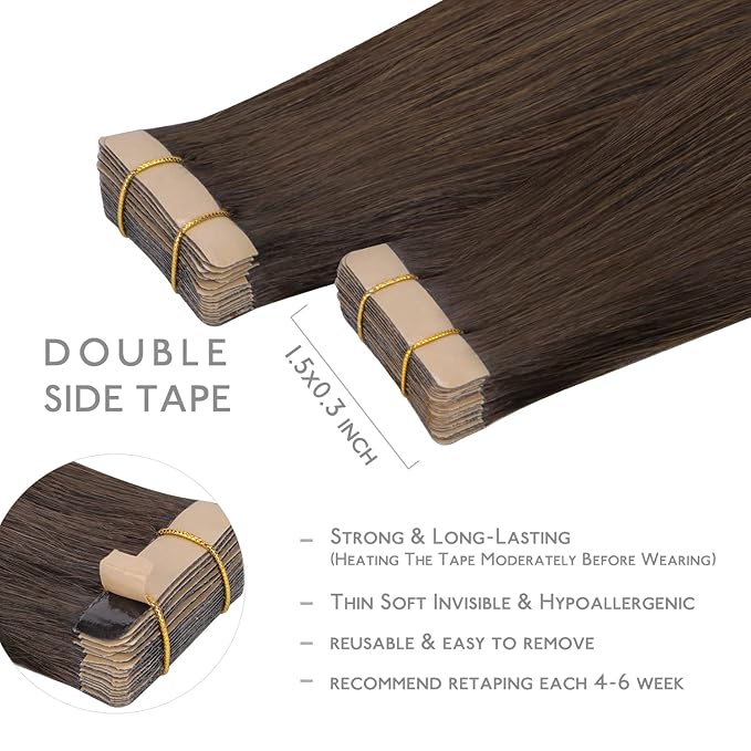 WENNALIFE Tape in Hair Extensions Human Hair, 20pcs 50g 24 inch Light Dark Brown Remy Hair Extensions Straight Human Hair Tape in Extensions Skin Weft Tape Extensions Human Hair
