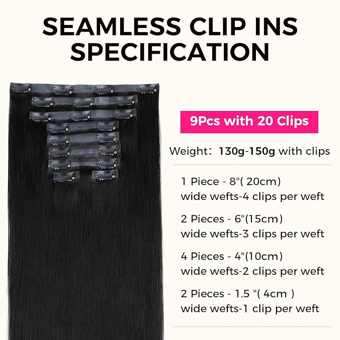 Lashey Seamless Clip in Hair Extensions Human Hair 130g 9pcs #1 Jet Black Straight 14 Inch Human Hair Clip in Extensions for Women