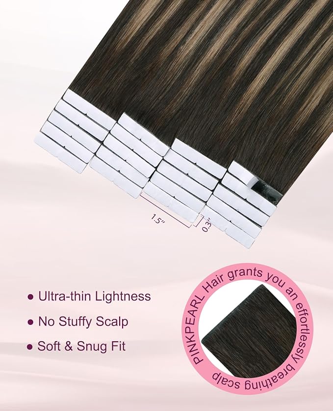 Pinkpearl Invisible Tape in Hair Extensions Human Hair, 20pcs 22inch 60g #2/6/2 Balayage Dark Brown to Chestnut Brown Injection Tape in Extensions Real Remy Human Hair Injected