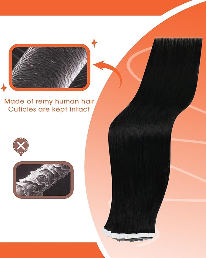 Sunny Hair Tape in Hair Extensions Real Human Hair Invisible Remy Hair Extensions Tape ins for Women Jet Black 22 inch 25G