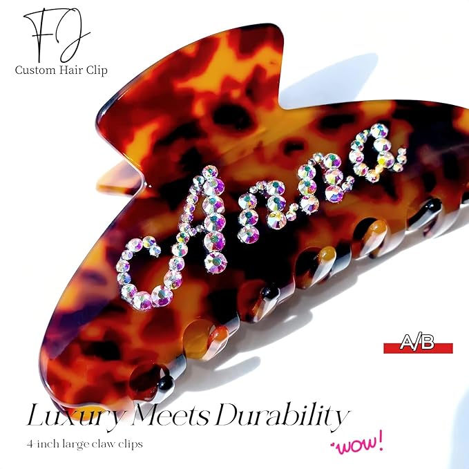 Personalized Colorful Name Hair Claw Clips for Women,Custom Hair Clips with Diamond,Cute Hair Accessories 4",Handmade Rhinestones Hair Clamp Gifts for Mom,Bride,Wife,Bridesmaid,Couples(Tortoise)