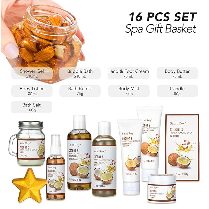 Spa Gift Basket Luxury Bath and Body Basket Set 17-Piece Coconut Honey Almond Christmas Gifts for Women Mom Her Large Luxury Home Spa Kit, Relaxing Self Care Pamper Gifts Birthday Bridal Shower Bath