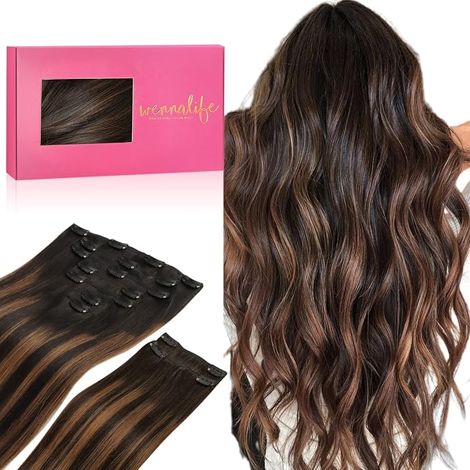 WENNALIFE Clip in Hair Extensions, 150g 24 Inch 9pcs Balayage Natural Black to Chestnut Brown Remy Hair Thicker Double Weft Extensiones De Cabello Humano Con Clip Ins Straight Full Volume