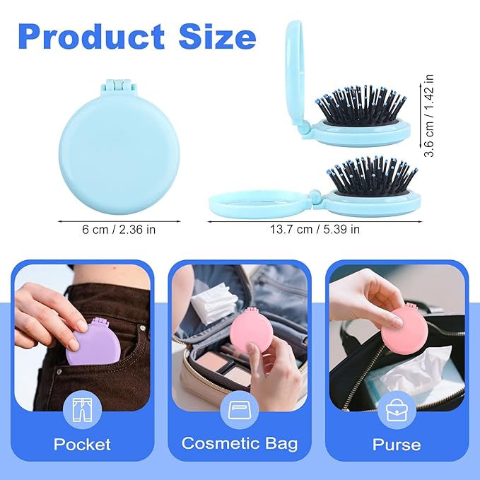 4 Colors Folding Mirror Hairbrush, 2 in 1 Compact Pocket Mirror Comb with DIY Stickers, Round Mini Pocket Makeup Mirror for Travel Women Girls (48 Pcs)