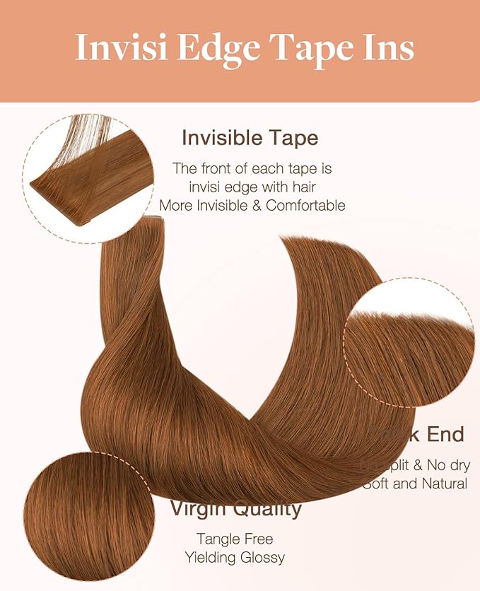 GOO GOO Invisi Edge Tape in Hair Extensions Human Hair, 350 Copper, 20pcs 18inch 50g, Virgin Remy Hair, Seamless Injected Tape, Natural Look