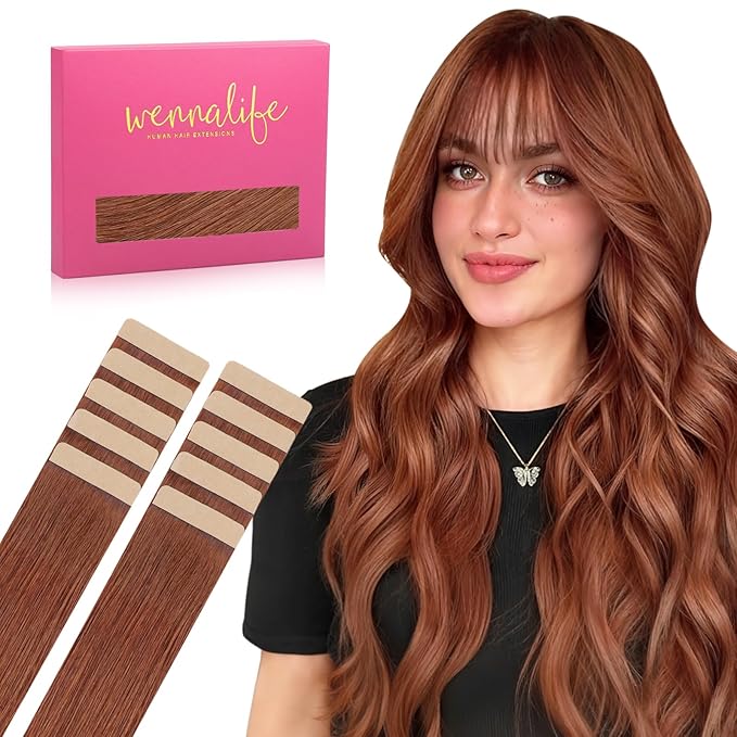 WENNALIFE Tape in Hair Extensions - Human Hair Dark Auburn Copper, 10pcs 30g 22 inch Remy Invisible Tape Ins Straight Colored Soft Real Human Hair Refill Set
