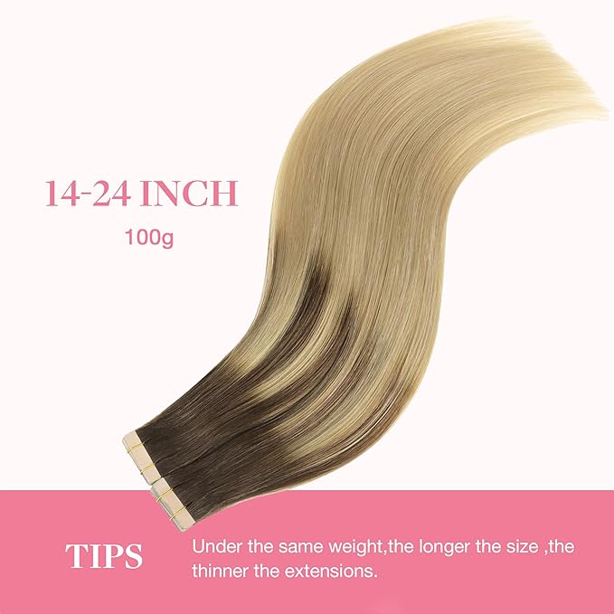 GOO GOO Tape in Hair Extensions Human Hair, 4/18 Balayage Chocolate Brown Highlighted Dirty Blonde, 16inch 100g 40pcs, Skin Weft Seamless Invisible, Silky Straight with Thick Ends, Remy Human Hair