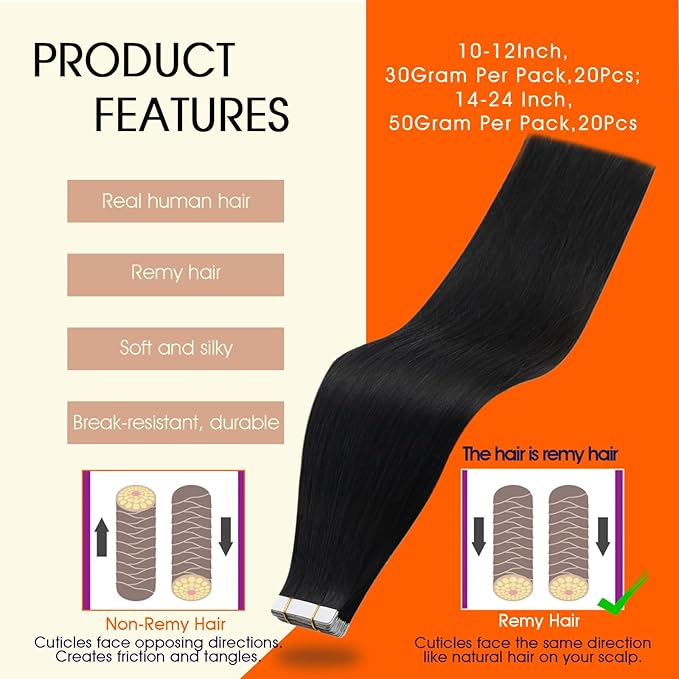 Full Shine Tape in Hair Extensions Remy Hair 20Inch Seamless Invisible Tape in Extensions Human Hair Color 1B Off Black Hair Extensions Silky Straight Real Human Hair Adhesive Extensions 50G 20Pcs
