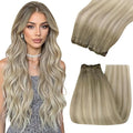 YoungSee Weft Hair Extensions Ombre Blonde Human Hair Sew in Extensions Ash Blonde Ombre Platinum Blond Highlights Sew in Hair Extensions Real Human Hair Wefts One Piece 18Inch 100G