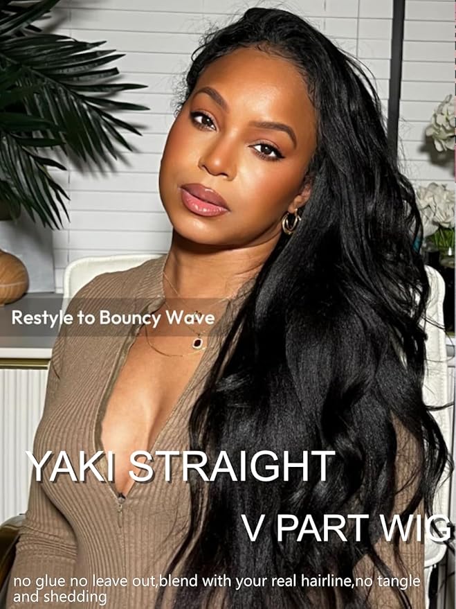 YIROO EasiContour V Part Wigs Human Hair Yaki Straight Human Hair Wigs No Leave Out Glueless Upgraded U Part Wigs for Women V Shape Clip in Vpart Wig No Sew in No Glue Beginner Friendly 14 inch