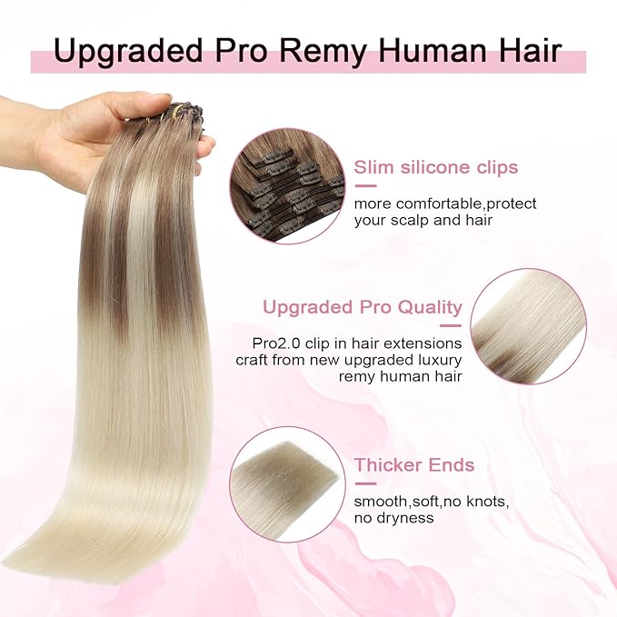 Pro2.0 Clip in Hair Extensions Real Human Hair 120g Thick 7pcs Color #8/60 Ash Brown to Platinum Blonde Remy Real Human Hair Extensions Clip ins 14inch Double Weft（#8/60-14inch）