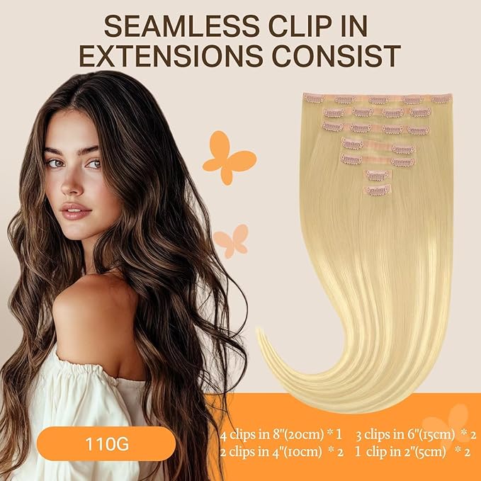 DOORES Seamless Clip-in Real Human Hair Extensions, Dirty Blonde Mixed Platinum Blonde, 110g 7pcs, 18 Inch Straight Hair, Invisi Edge