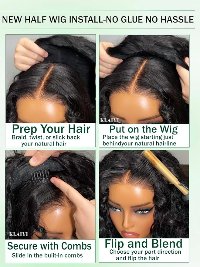 KLAIYI Water Wave 3 In 1 Flip Over 3/4 Half Wig Human Hair Curly Flip Over Seamless Blend Edges Glueless Wear and Go Drawstring Headband Clip In Wigs for Women Ready to Go Wig Beginner Friendly 24Inch