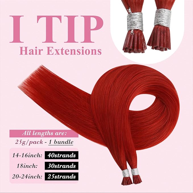 YoungSee Red I Tip Hair Extensions 18 Inch I Tips Hair Extensions Real Human Hair Colored Itip Extension Red 30s 25g Color Hair-Extension for Women Girls Cosplay