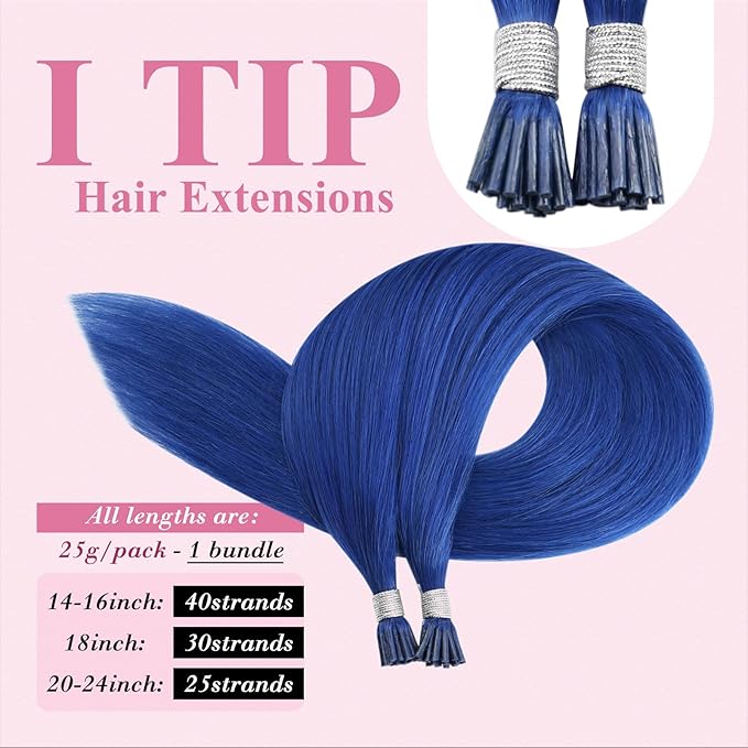 YoungSee I Tip Hair Extensions Blue I Tip Hair Extensions Human Hair Blue 20 Inch Itips Extension Real Human Hair Colored for Party Highlights 20 Inch I-Tip Remy Human-Hair