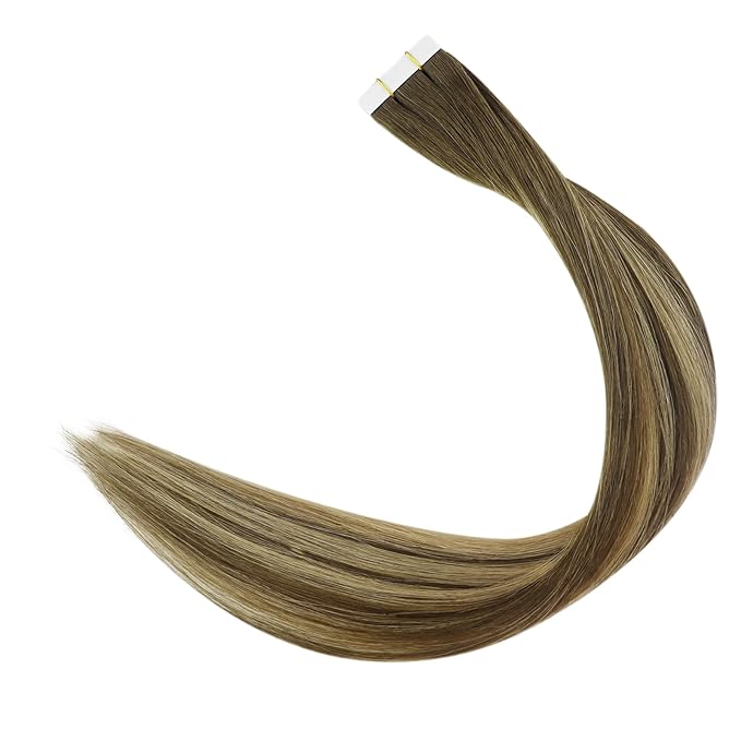 Full Shine Tape in Hair Extensions Human Hair 14Inch Machine Virgin Tape in Extensions Color Medium Brown to Honey Blonde Balayage Short Skin Weft Hair Extensions 10Pcs 20Gram for Women