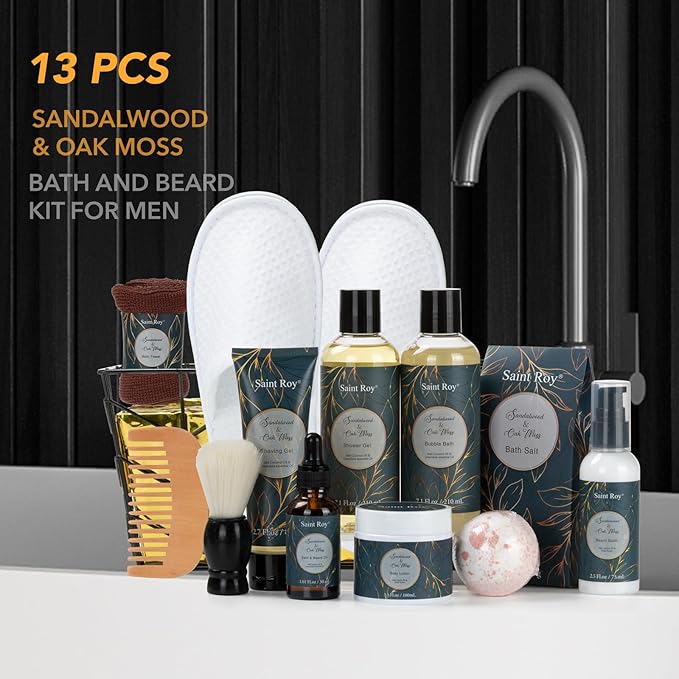 Fathers day gift baskets Birthday Day Gifts for Him Spa Gift Basket for Men, Body Wash, 13pcs Sandalwood Oak Moss Bath and Beard Kit for Men with Beard Brush, Christmas Gifts Spa Kits for Man dad