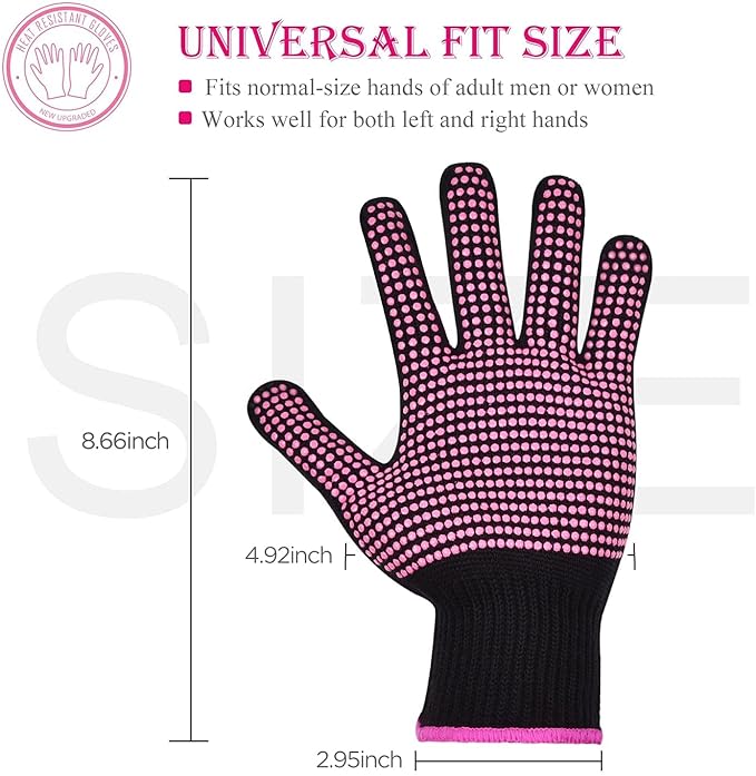Sopito 2Pcs Heat Resistant Gloves with Silicone Bumps, Professional Heat Protection Gloves for Hair Styling, Mitts for Curling Iron Wand Flat Iron Sublimation, Rose Red