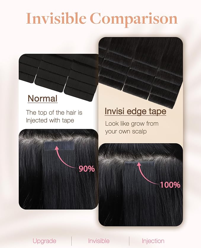 GOO GOO Invisi Edge Tape in Hair Extensions Human Hair, 1B Natural black 20pcs 12inch 40g, Virgin Remy Hair, Seamless Injected Tape, Natural Look