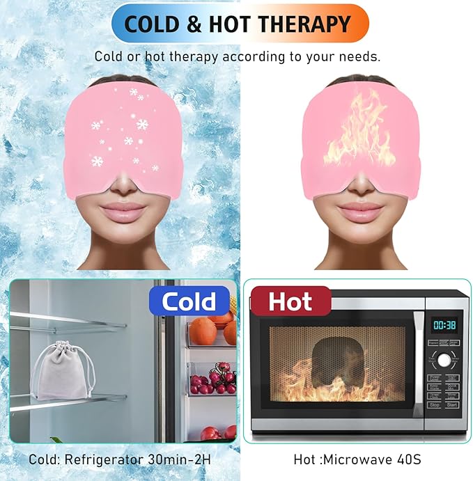 Headache Relief Hat for Migraine Relief, Tension, One Size Fits All Headache Cap with Reusable Ice Gel Pack for Puffy Eyes, Stress Relief (Pink)