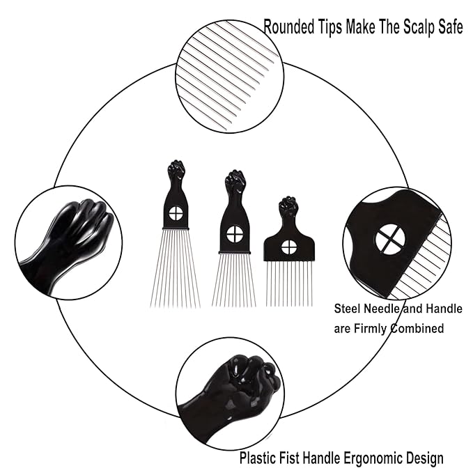 COOKOO 3 Pack Metal Afro Hair Styling Combs - Fist Design Wide Tooth Picks for Women, Men & Natural Curly Hair Hairstyling