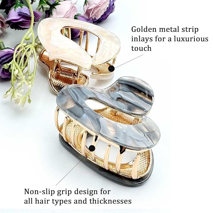 2Pcs Marble Pattern Hair Clips for Women - Non-Slip Grip Metal Claw Clip, Geometric Design Hair Accessories for Thin/Thick Hair, Cute Hair Styling Barrettes, 2.36 Inch
