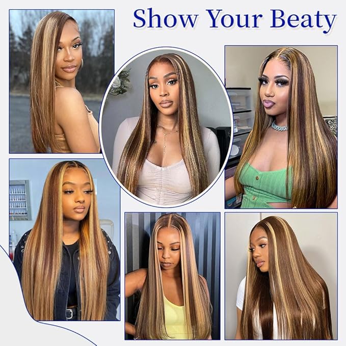 Highlight Ombre 13x6 Lace Front Wigs Human Hair Straight HD Lace Frontal Wigs Pre Plucked Tangle-Free 200 Density 4/27 Colored Real Virgin Human Hair Wig Invisilbe Hairline Tiny Knots 24 Inch