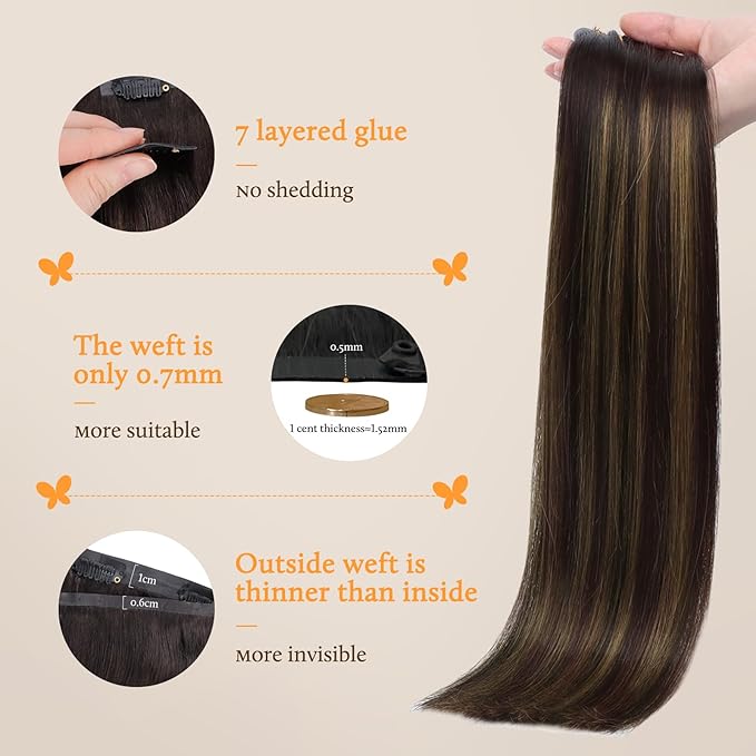 DOORES Seamless Clip-In Hair Extensions, Real Human Hair, Dark Brown to Chestnut Brown, 18 Inch, 7pcs, 110g, Straight, Invisi Edge