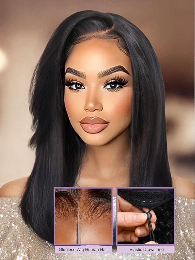 Yiroo Light Yaki Straight Wig Human Hair with Side Swept Bangs,7x5 Lace Front Bye Bye Knots Glueless Wig Human Hair Pre Plucked Pre Cut,Elastic Drawstring Wear and Go Wig for Women 150% Density 18Inch