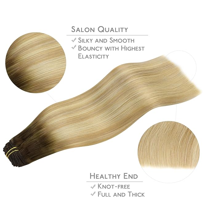 WENNALIFE Clip in Hair Extensions Real Human Hair, 20 Inch 120g 7pcs Remy Hair, Balayage Light Ash Brown to Light White Blonde Hair Extensions Clip In Real Hair Coloured