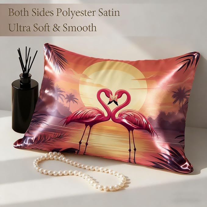 Pink Flamingos 1 Pack Satin Pillowcase for Hair and Skin Orange and Pink Sunset Imitation Silk Pillowcase with Hidden Zipper Soft Breathable Pillow Cover Standard Size for Bedroom Sofa 20”x26”