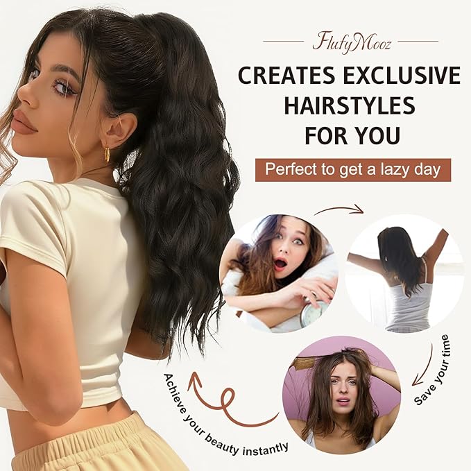 FLUFYMOOZ Ponytail Extension, 18 Inch Claw Clip Ponytail Extension, Wavy Curly Claw Clip in Ponytail Hair Extensions, Natural Fake Ponytail Synthetic Hairpiece for Women (Cool Blonde)