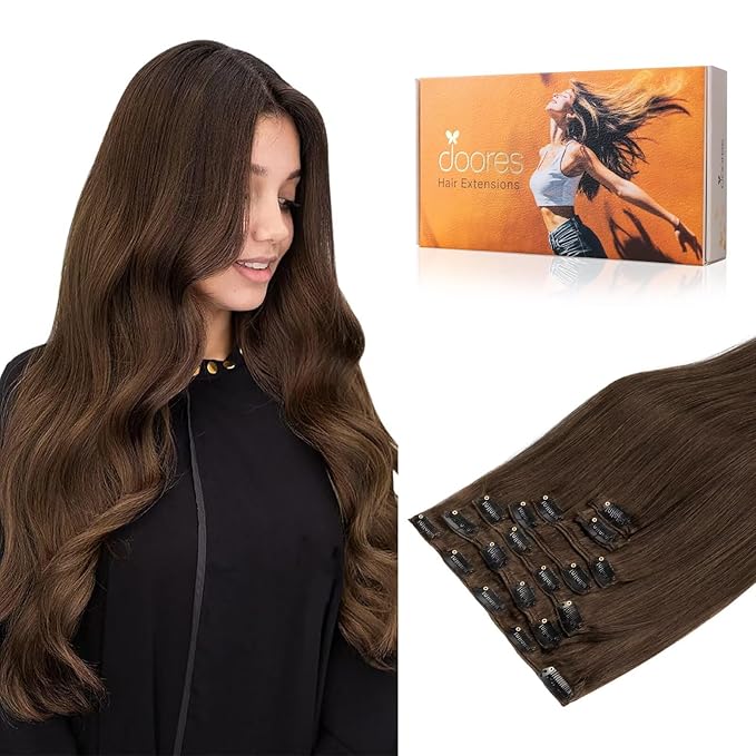 DOORES Clip in Hair Extensions Real Human Hair, Chocolate Brown 18 Inch 135g 7pcs, Thick Remy Clip in Extensions for Women Natural Straight Gift