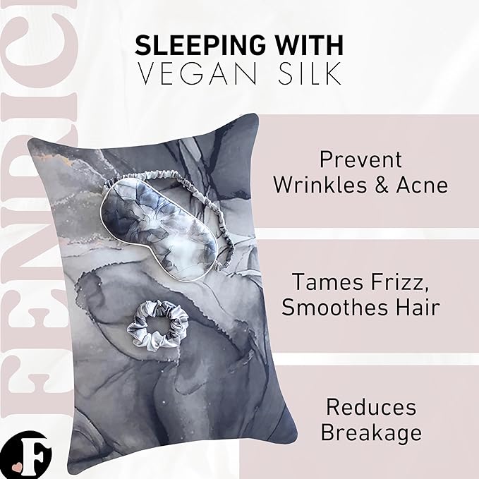 Satin Pillowcase Gift Set for Women – Marble Black, Silky Soft, Reduces Frizz | Includes Satin Eye Mask & Scrunchie | for Curly Hair, Sensitive Skin | Gift for Mom, Daughter, Girlfriend
