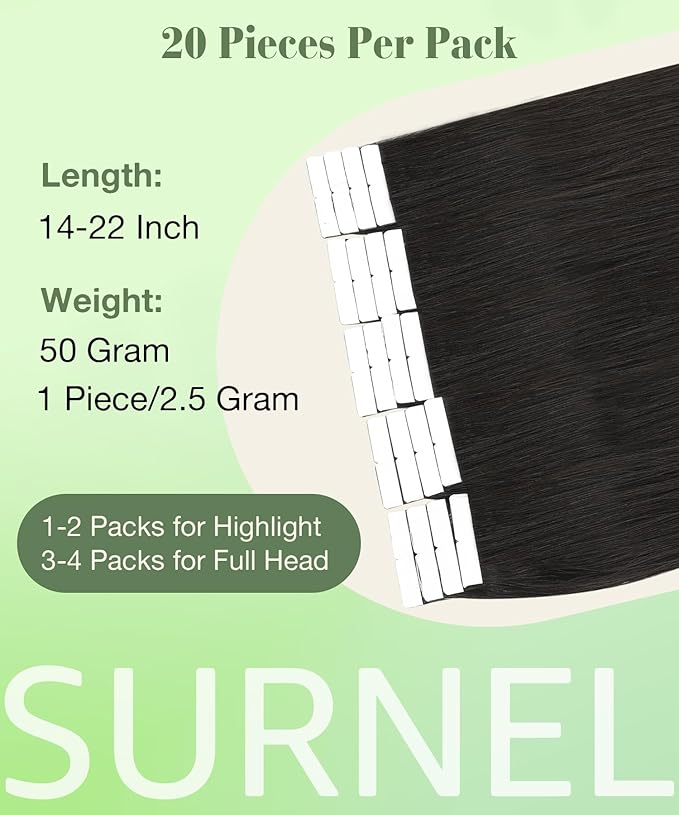 SURNEL 22 inch Tape in Hair Extensions Human Hair 1B Off Black Remy Tape in Hair Extensions 20pcs 50g(#1B-22)