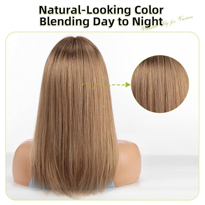 RSY Straight Human Hair Wigs for Women, Shoulder Length and Layered Real Hair Ombre Ash Blonde Wig with Bangs for Daily Party Use