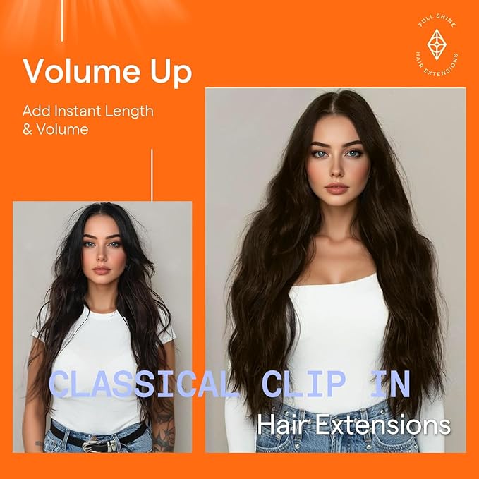 Full Shine 24 Inch Hair Extensions Clip ins Dark Brown Clip in Hair Extensions Human Hair Dark Brown Extensions for Women Real Hair Triple Weft 7 Pcs 120 G