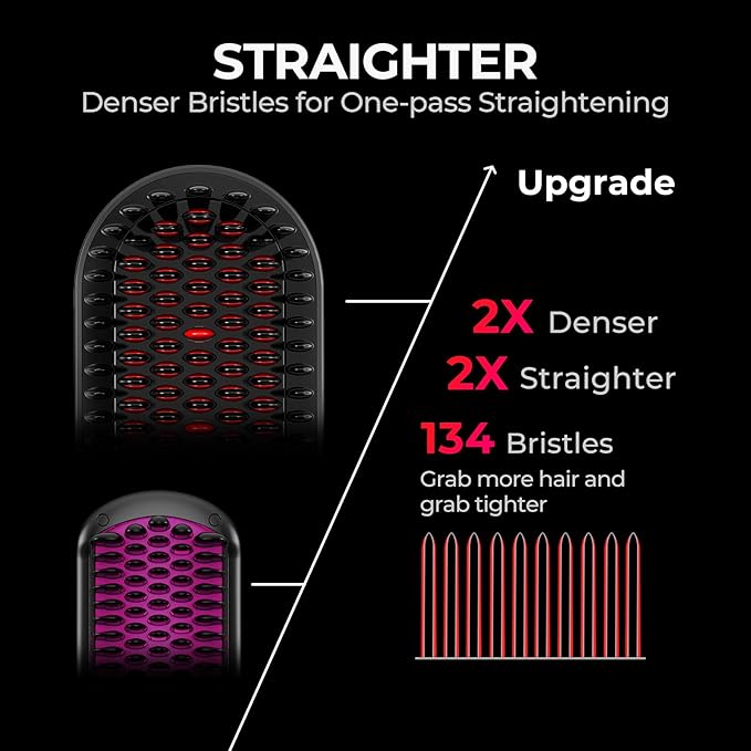 TYMO Hair Straightener Brush - Upgraded Ionic Plus Straightening Brush with Dense Bristles, 16 Temps, Dual Voltage | Ceramic Hot Comb for Women | Flat Iron for Thick Curly Hair, Black