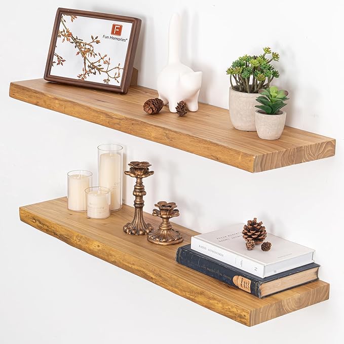 Fun Memories Floating Shelves for Wall, Live Edge 32" W x 9.3" D x 1.5" H Wood Floating Shelf, Set of 2 with Invisible Heavy-Duty Metal Bracket, Deep Floating Shelf for Living Room Kitchen, Natural